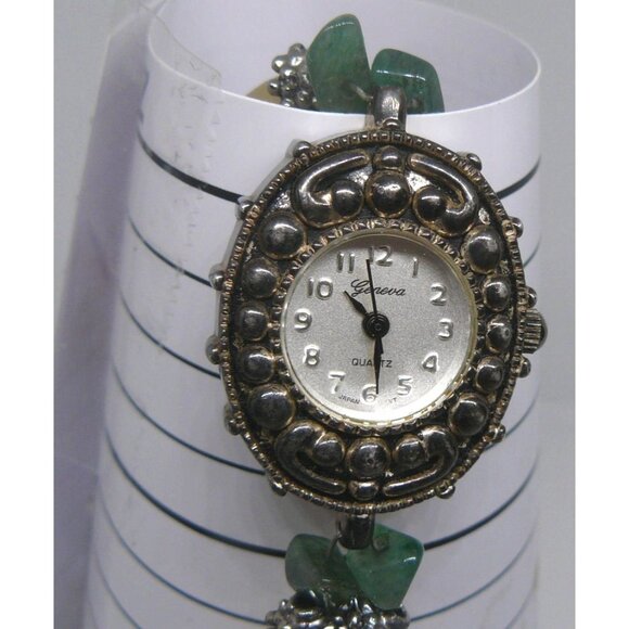Handcrafted Geneva Quartz Watch Bracelet Gemstone Accents Ornate Metal Bezel Vtg - Picture 3 of 4